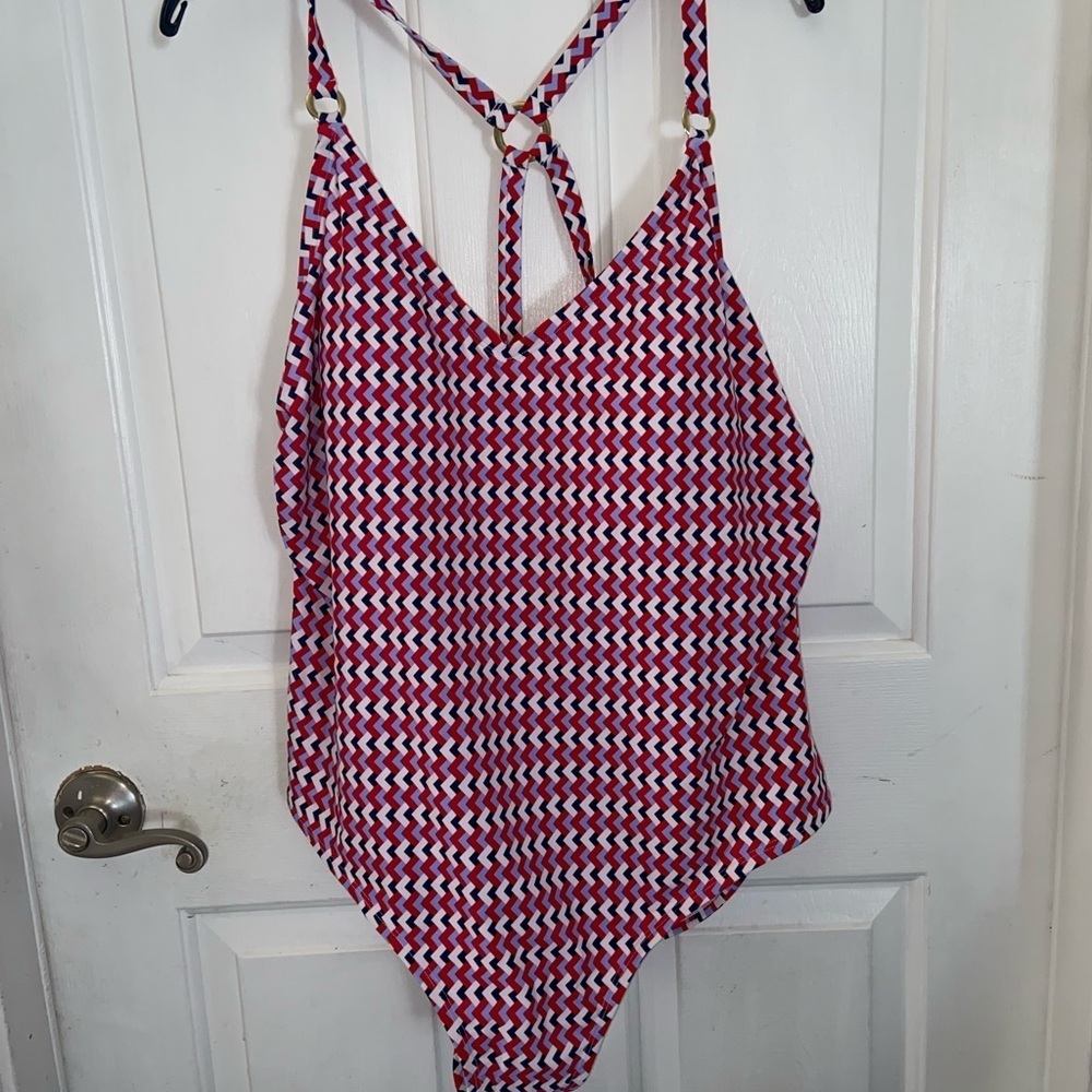 Kona Sol Red and White swimsuit with Geometric Pattern